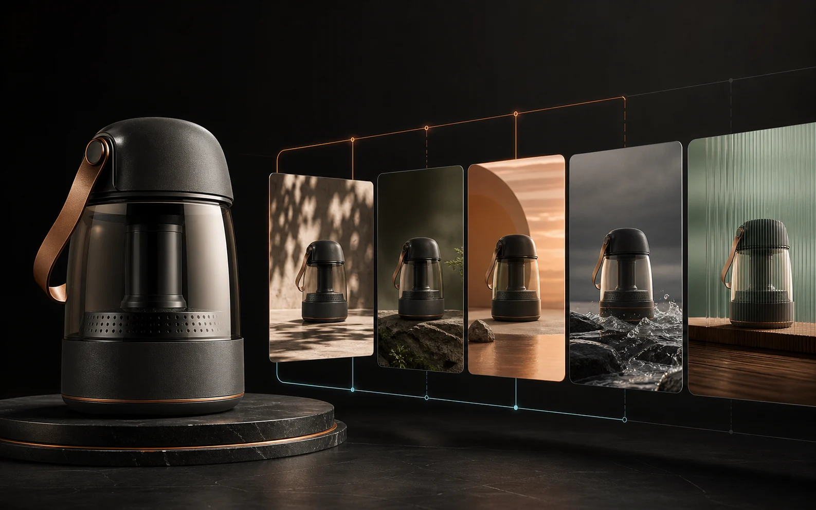 A product image branching into a coherent visual campaign series